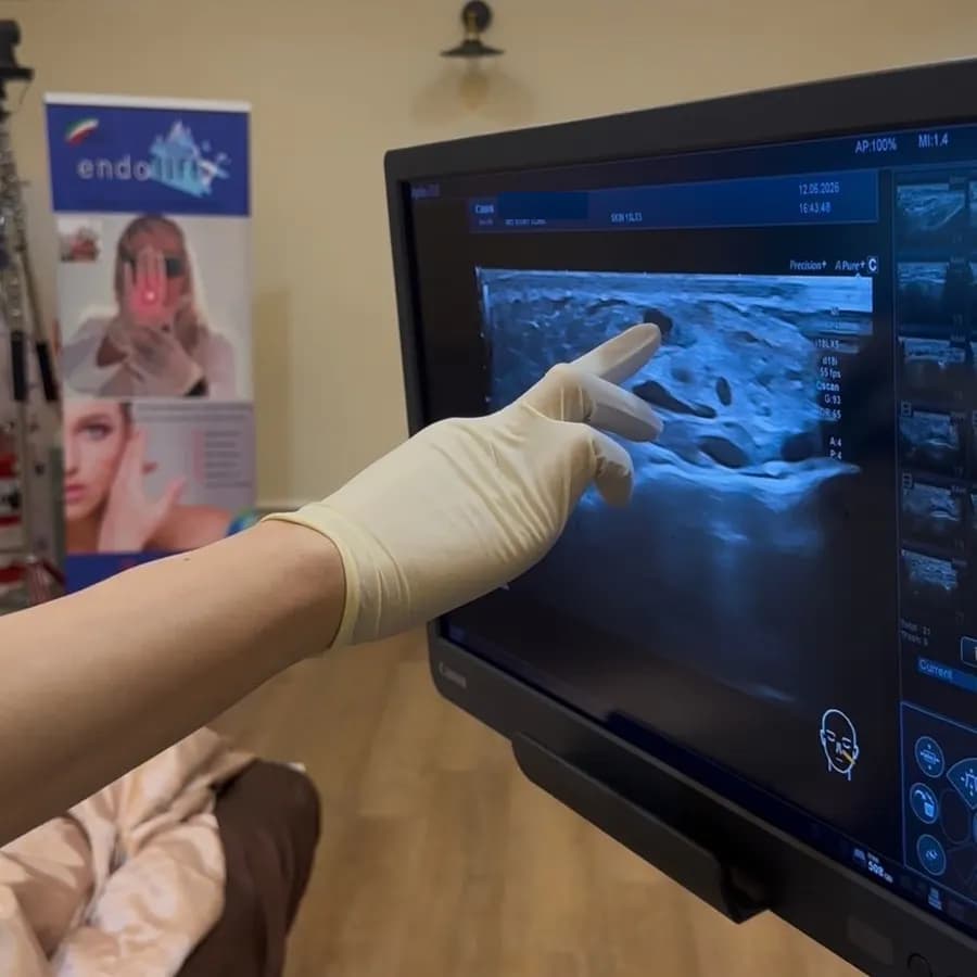 แพทย์อธิบายภาพชั้นเนื้อเยื่อบนหน้าจอระหว่างการตรวจ Ultrasound
